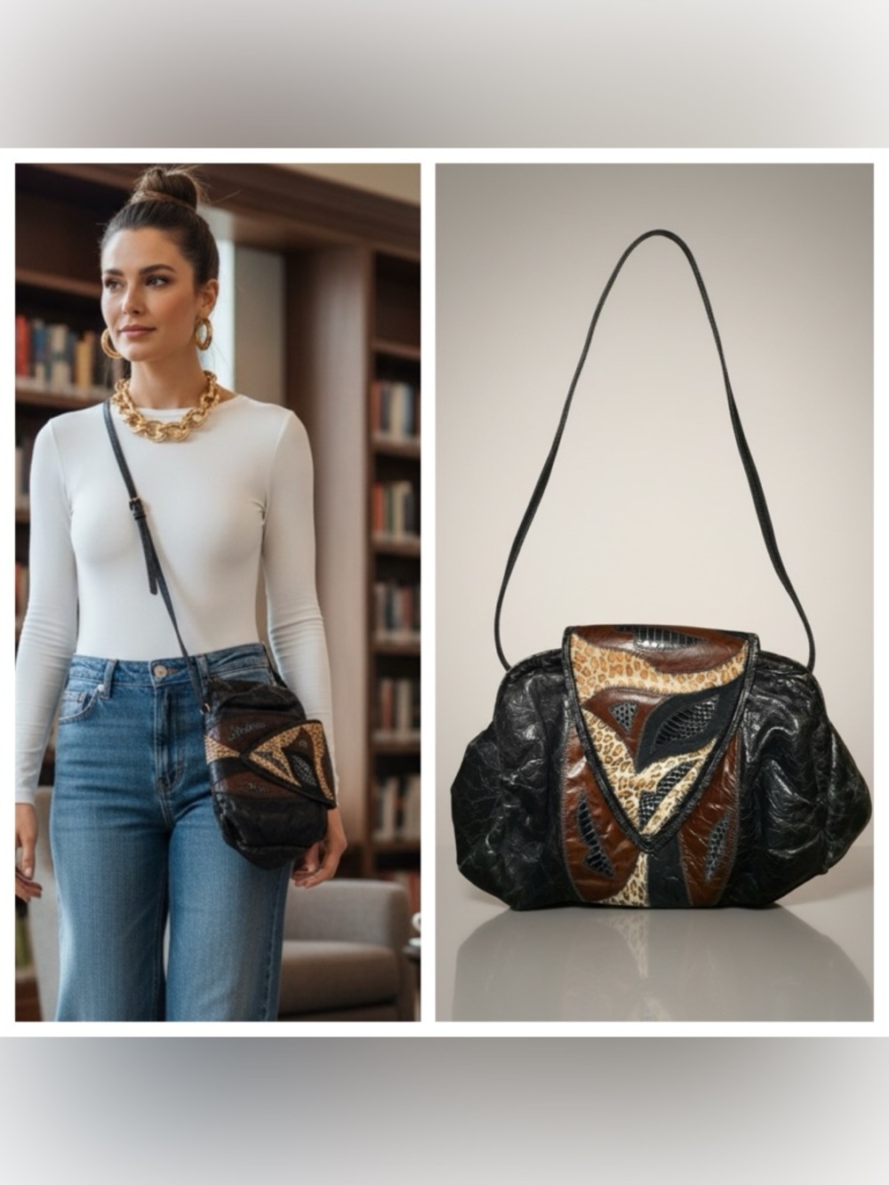 Vintage Leather Patchwork Animal Structured Crossbody Shoulder Bag